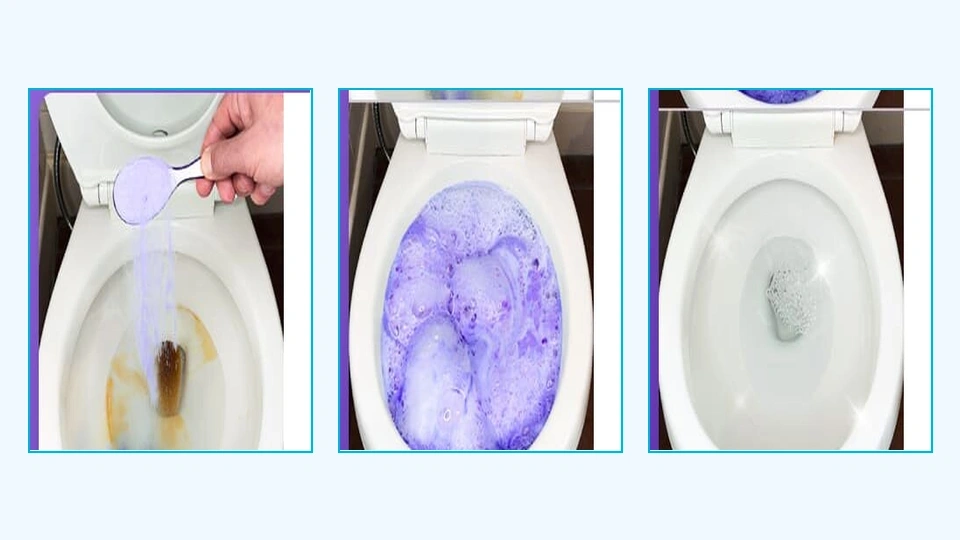 Three step process diagram showing pouring powder, waiting 20 minutes, and flushing