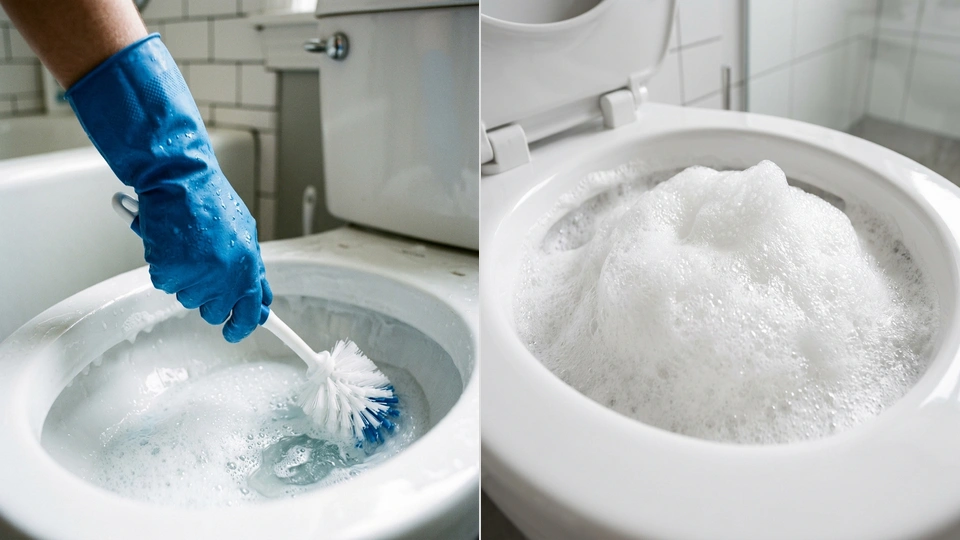 Visual comparison showing traditional toilet brush scrubbing vs self-expanding foaming powder