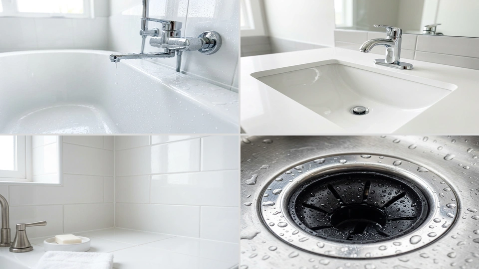 Multi-surface application grid highlighting bathtub, sink basin, tile grout, and disposal